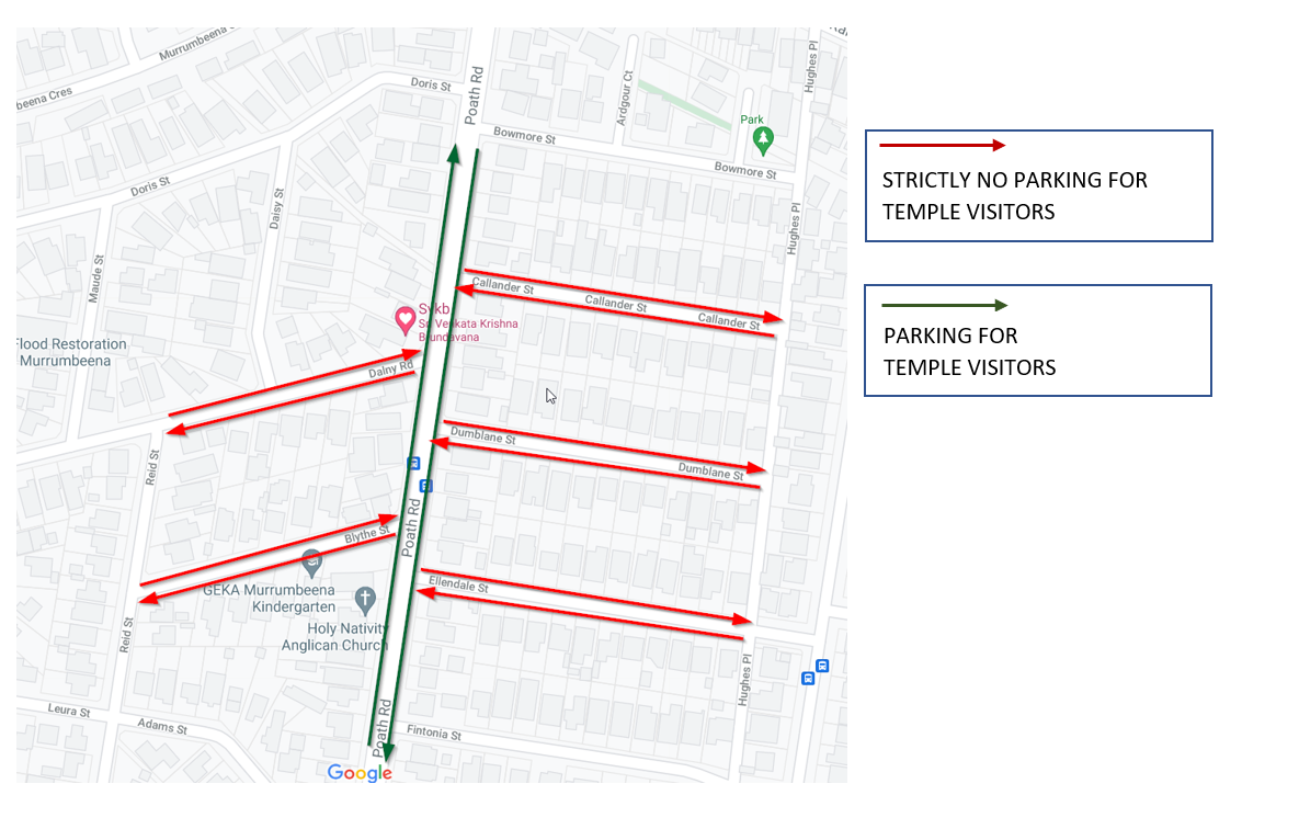 SVKB parking map: permitted parking on Poath Road; no parking on side streets for temple visitors.